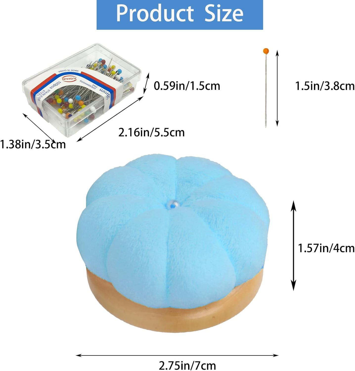 Hilltian Pin Cushion for Sewing, Wooden Base Sewing Pincushion with 100 Plastic Head Pins, Cute Pins Holder for Sewing Quilting, Light Green (Sky Blue)