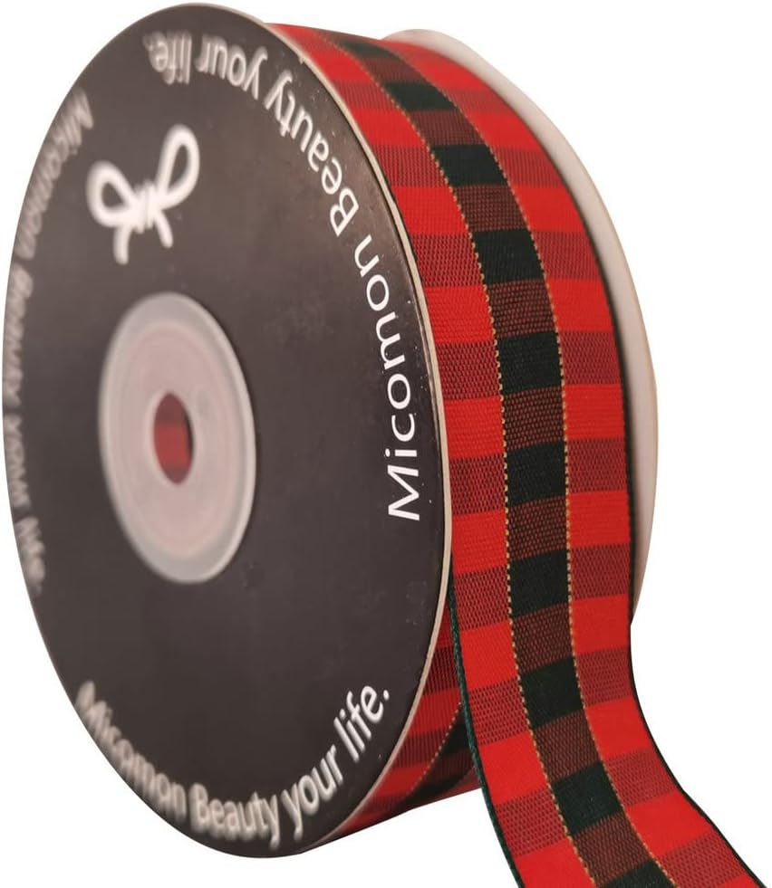 Micomon X'Mas Gingham Ribbon Green Red Metallic Gingham Ribbon 25 Yards Each Roll 100% Polyester (1",RedGreenGold)