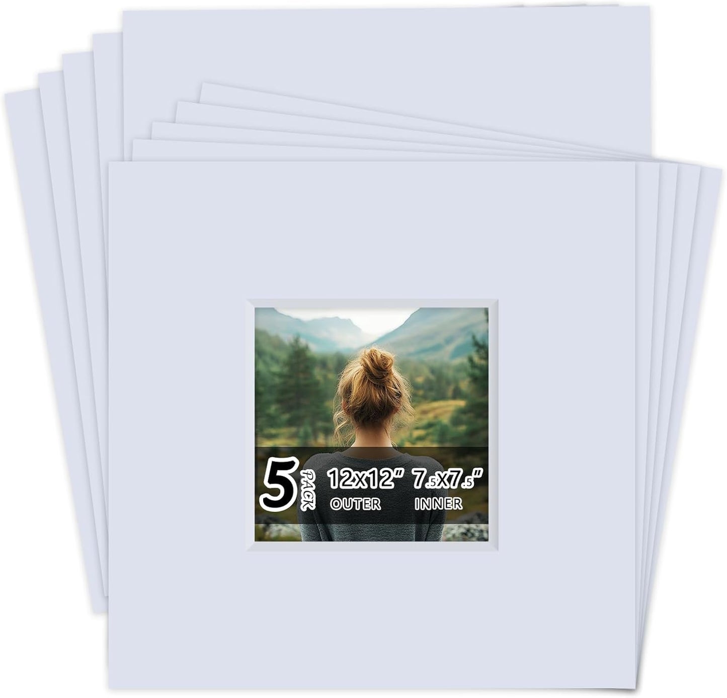 Falling in Art 5 Pack Acid Free 12x12'' White Picture Mats Board Show Kit for 8x8'' Photos, 4-Ply Beveled Pre-Cut Photo Mats with Backing Board for Frames, Artwork and Prints