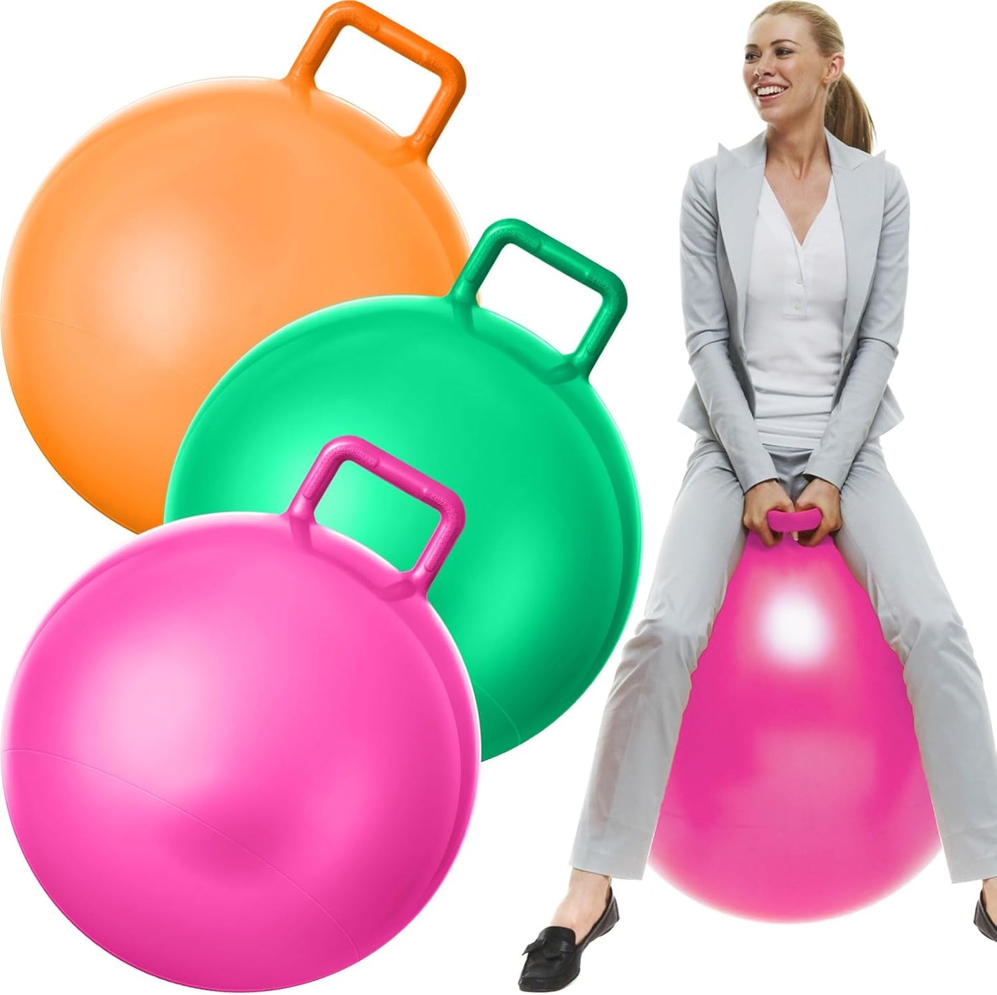 Lewtemi 3 Pcs 29 Inch Bouncing Ball with Handle, Outdoors Hopper Jumping Hopping Ball and Air Pump for Sports Exercise (Green, Orange, Pink)