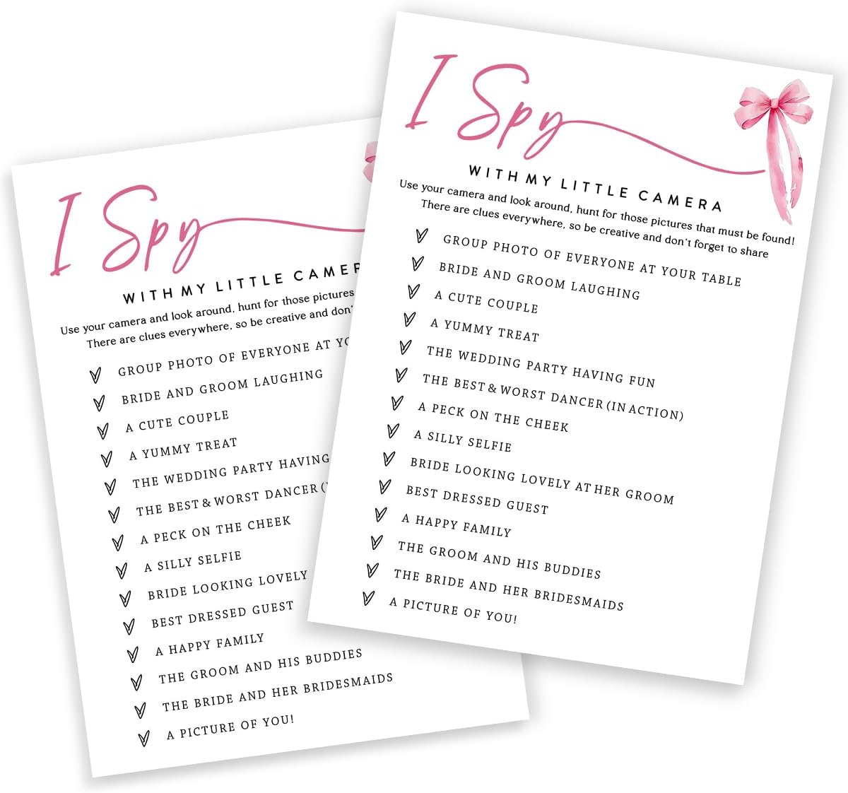 Wedding Shower Games Cards, I Spy with My Little Camera, Bridal Shower Games 25 Guests, Engagement Party Wedding Games for Guests, Pink Ribbon Bow Wedding Party Supplies - E02