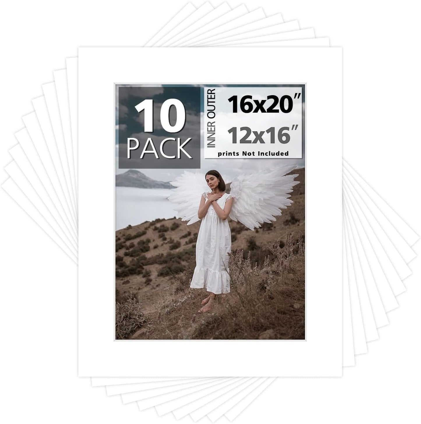 Mat Board Center, Pack of 10, 16x20 for 12x16 White Photo Picture Mats - Acid Free, 4-ply Thickness, White Core - for Pictures, Photos, Framing