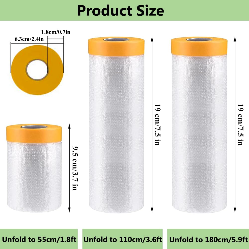 Pre-Taped Masking Film-70inx65ft Tape and Drape Painters Plastic Rolls, Plastic Painting Film for Automotive Painting Covering,Protective Drop Film for Furniture, Car, Floor (4rolls, 70in×65ft)