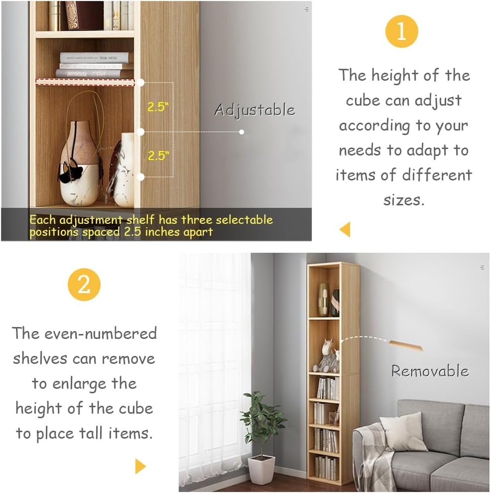 IOTXY Small Narrow Corner Bookcase - 71 Inches Tall Gap Freestanding Storage Cabinet, 7 Lattices Open Shelves Tower Rack with Door, Cubes Bookshelf in Oak