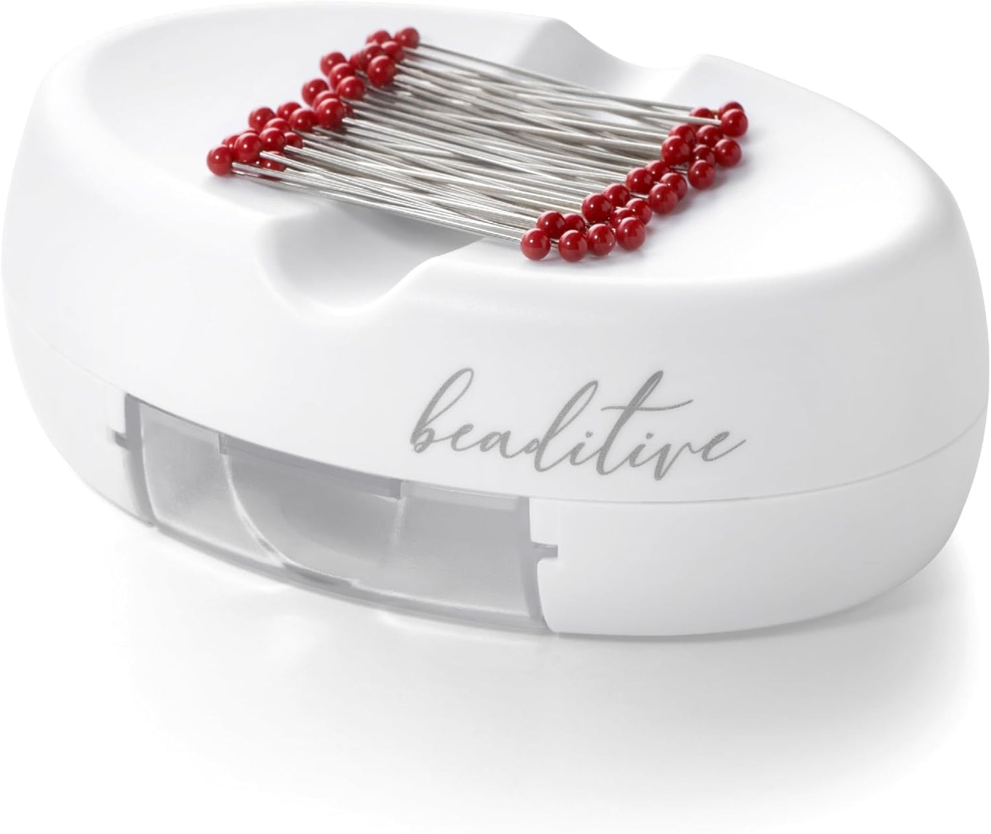 Beaditive Magnetic Pin Cushion with Drawer - Strong Magnet Pin Holder Cushions for Sewing - 50 Glass Head Quilting Pins Included - Chic Pincushion Caddy for Sewing Pins, Paper Clips, Screws – White