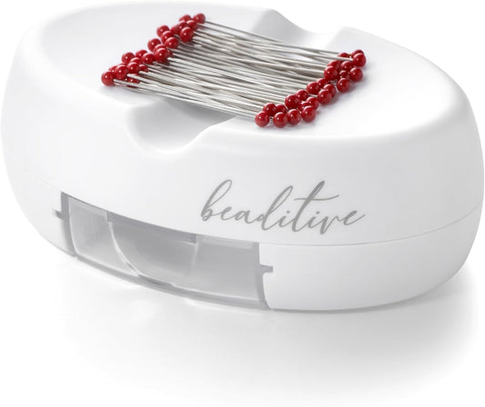 Beaditive Magnetic Pin Cushion with Drawer - Strong Magnet Pin Holder Cushions for Sewing - 50 Glass Head Quilting Pins Included - Chic Pincushion Caddy for Sewing Pins, Paper Clips, Screws – White