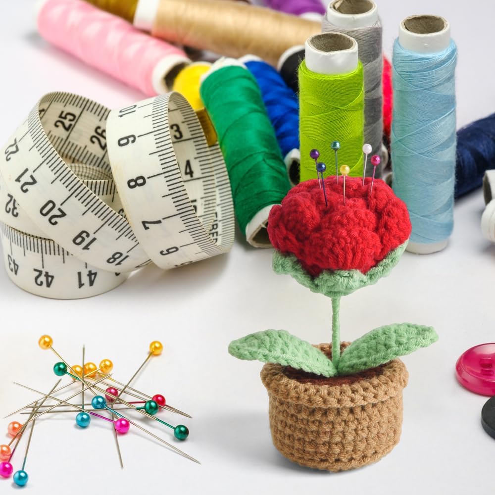 Rose Pin Cushion, Handmade Knitted Pincushions, Cute Pin Cushions Needle Holders for Sewing Quilting Accessory, DIY Crafts or Patchwork Decor.Potted Red Roses