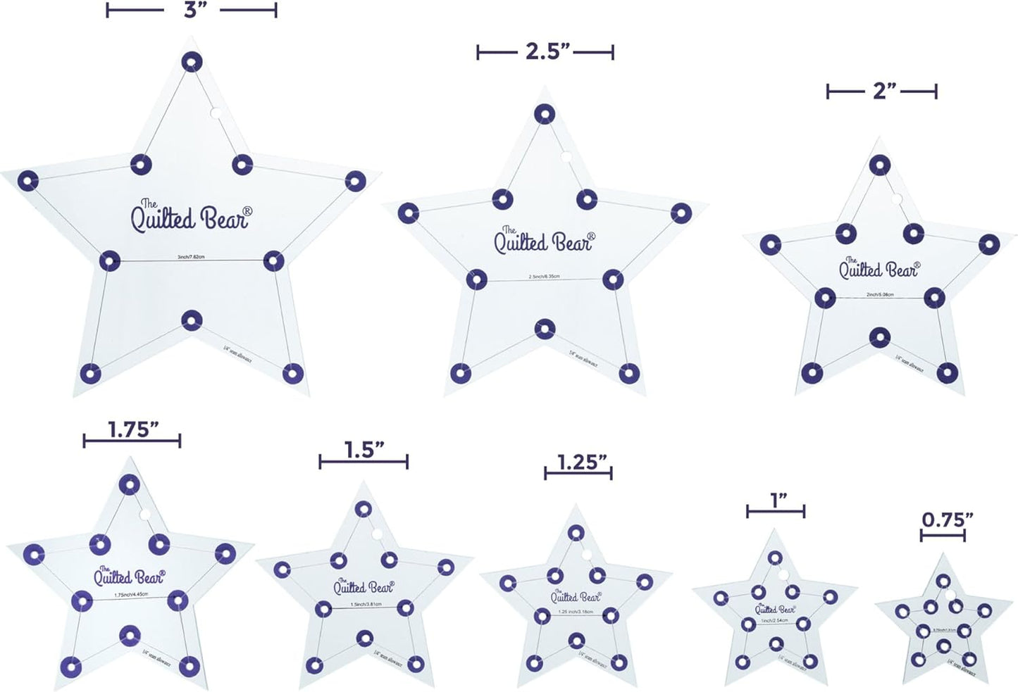 The Quilted Bear Star Quilting Templates – 8 Clear Non-Slip Acrylic Quilt Templates for Precise Fabric Cutting & Stress-Free Machine Quilting - Ideal for Quilt & Sewing Supplies (¾–3")