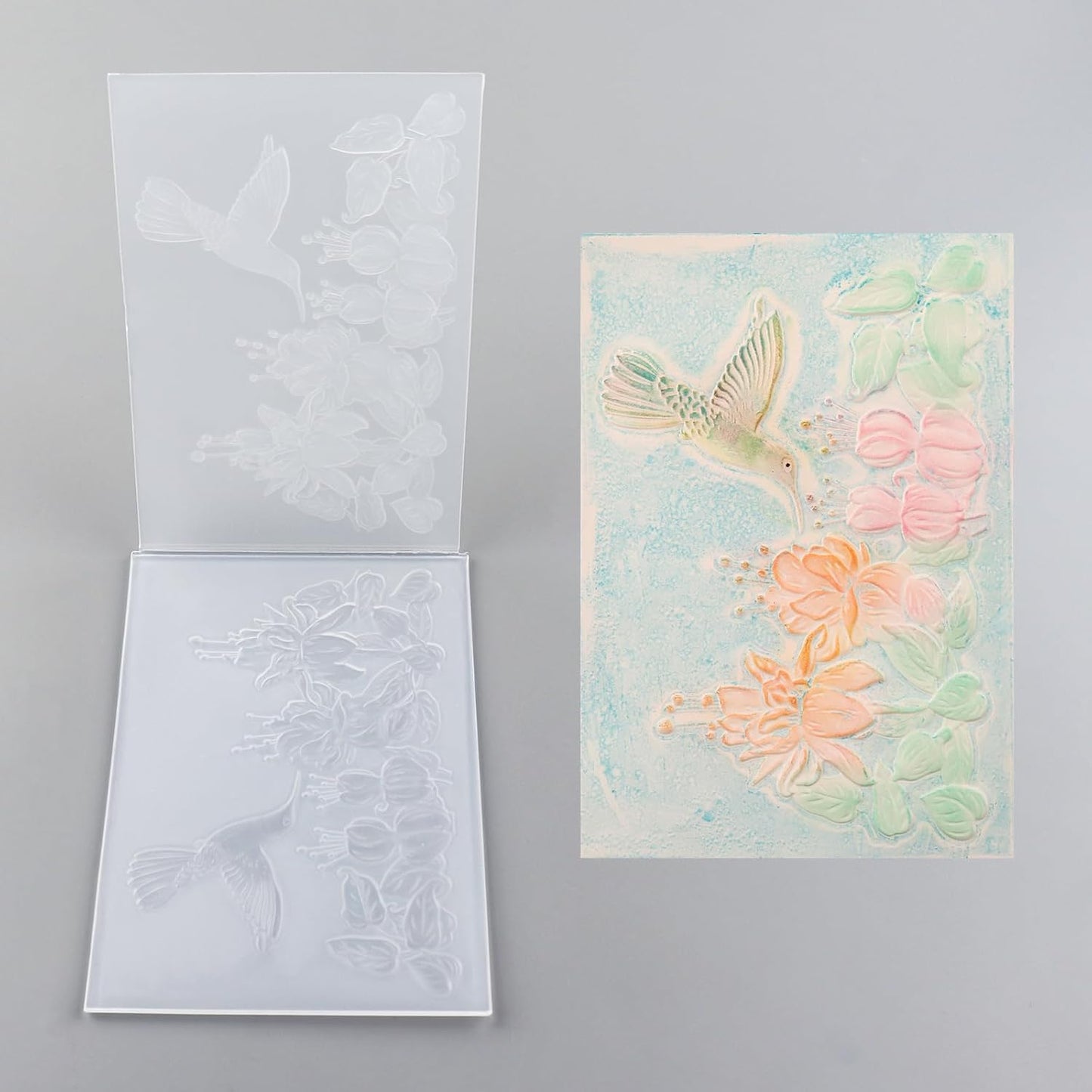 BAOFALI 3D Embossing Folder for Card Making,Hummingbird and Flowers Clear Plastic Texture Fades Embossing Folder Template for Scrapbooking and Other Paper Craft Album Stamps DIY Decoration