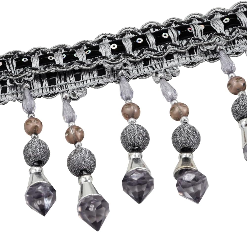 3yards Beading Fringe Trimming Long Beads Tassel Curtain Trim Ribbon Trim for Cover Edge Decorative (Gray)
