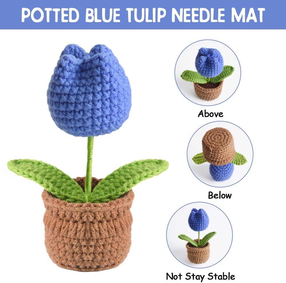 Tulip Pin Cushion, Handmade Knitted Pincushions, Cute Pin Cushions Needle Holders for Sewing Quilting Accessory, DIY Crafts or Patchwork Decor.Flowerpot Design Blue Tulip