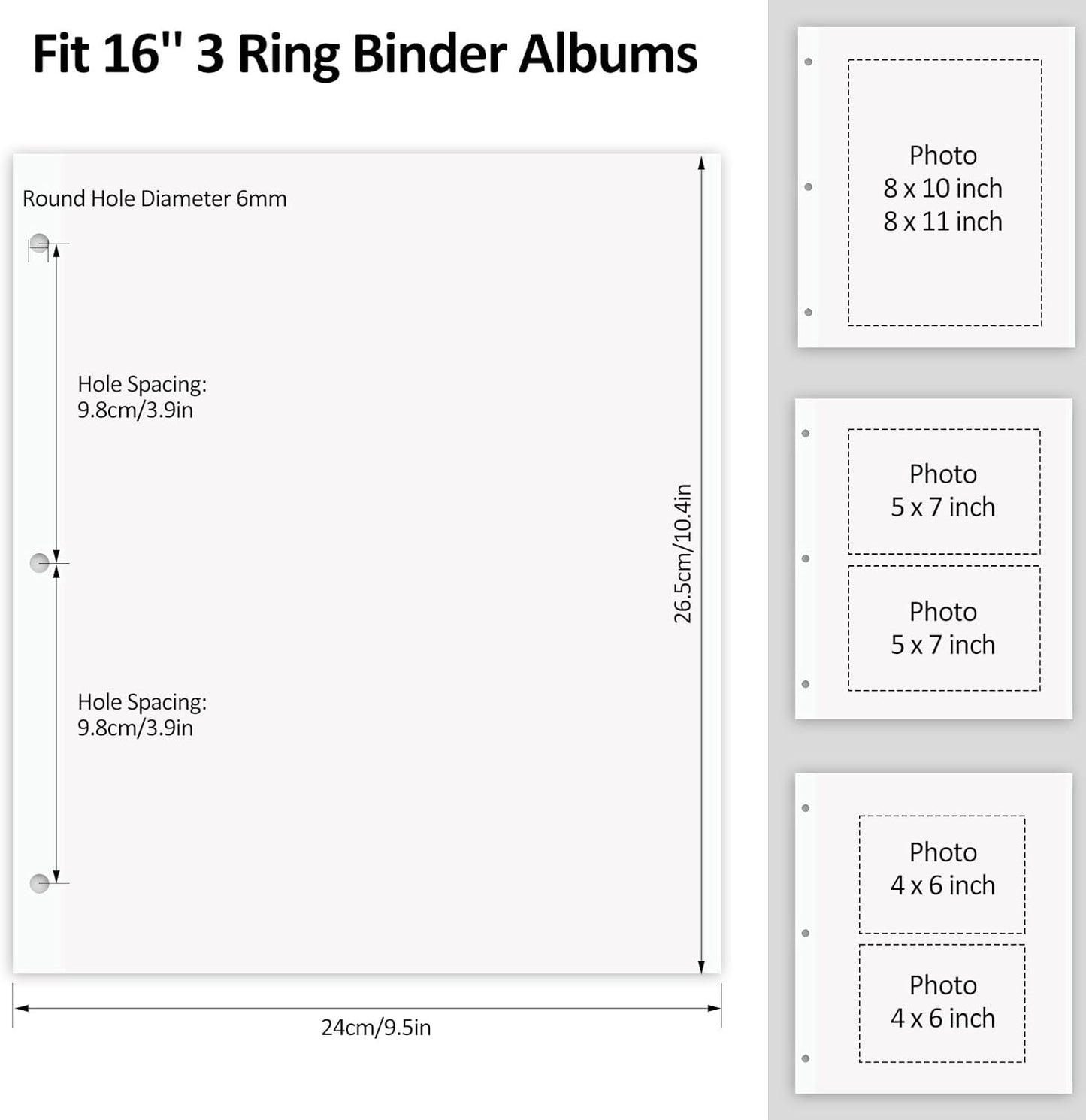 Zesthouse Photo Album Refill Pages for 3 Ring (10 Pack), 16 in Photo Albums Self Adhesive Pages Holds 8x10 5x7 4x6 2x3 Photos or Recipe Cards