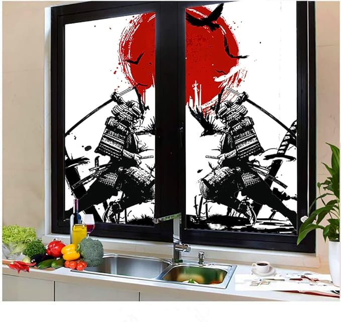 Japanese Samurai Stained Glass Film Watercolor Ink Samurai Sword Red Sun Printwindow Tinting Film for Home,Window Film Stained Glass 23.6Wx35.4L-Inch X2Pcs