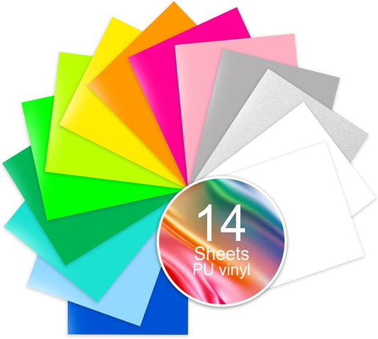 PU Heat Transfer Vinyl Bundle, 14 Pastel & Neon Color Sheets 12"x10" – Soft & Stretchable Iron-On Vinyl, Easy to Cut & Weed, Compatible with Cricut & Silhouette – Perfect for DIY Summer & Kids Crafts