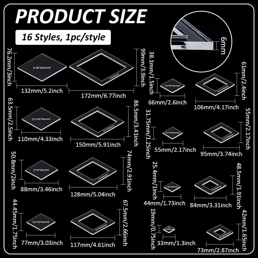 BENECREAT 16 Sizes Diamond Quilting Template, Acrylic Intricate Sewing Machine Ruler, Transparent Pressure Plate Router Template for DIY Hand Patchwork Cutting Craft, 6mm Thick