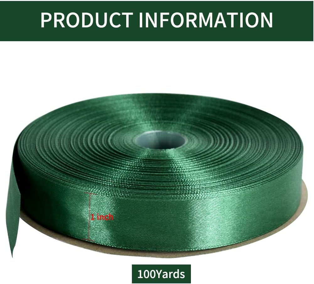 TONIFUL 1 Inch x 100yds Christmas Green Satin Ribbon, Thin Solid Color Satin Ribbon for Gift Wrapping, Crafts, Hair Bows Making, Wedding Party Decoration, Invitation Cards, Floral Bouquets, Christmas
