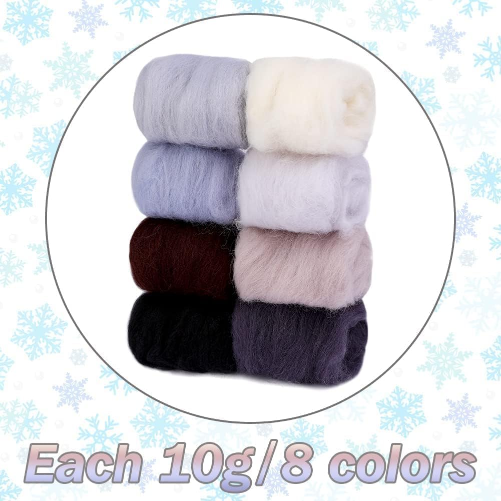 Wonvoc Needle Felting Wool 2.82oz/80 g, 8 Colors Nature Wool Roving Yarn, Hand Spinning Wool Roving Wool Yarn for DIY Craft Materials (Winter)