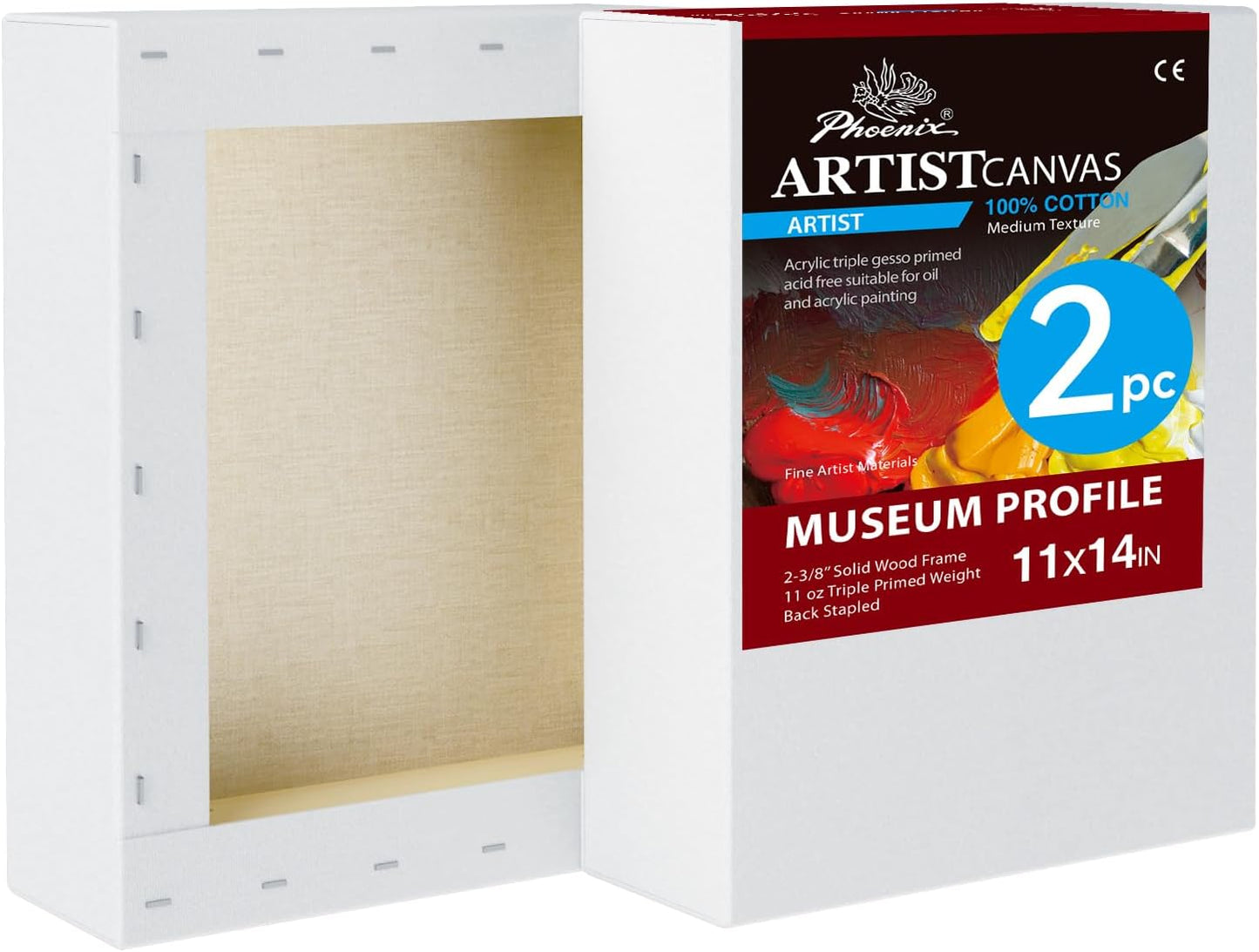PHOENIX 11x14 Inch 2 Pack Museum Canvas - 2 3/8 Inch Thick Porfile Deep Stretched Canvas for Painting 100% Cotton 11 Oz. Gesso Primed White Blank Professional Canvas Oil & Acrylic Paints