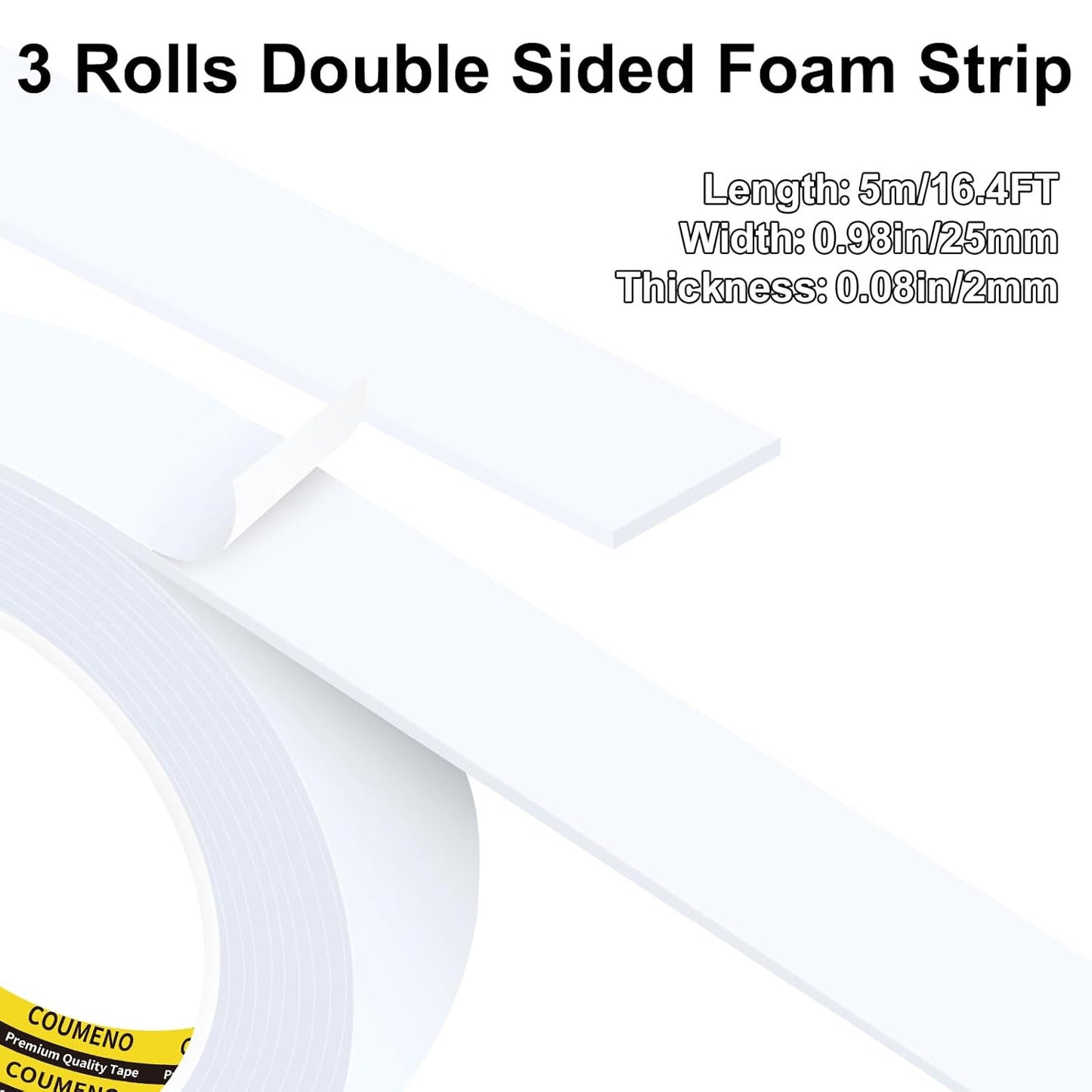 3Pack 1inX16.4FT (Total 49.2FT) Double Sided Foam Strip, EVA Foam Tape, Double Sided Sponge Adhesive Mounting Tape for Home Office Decor White
