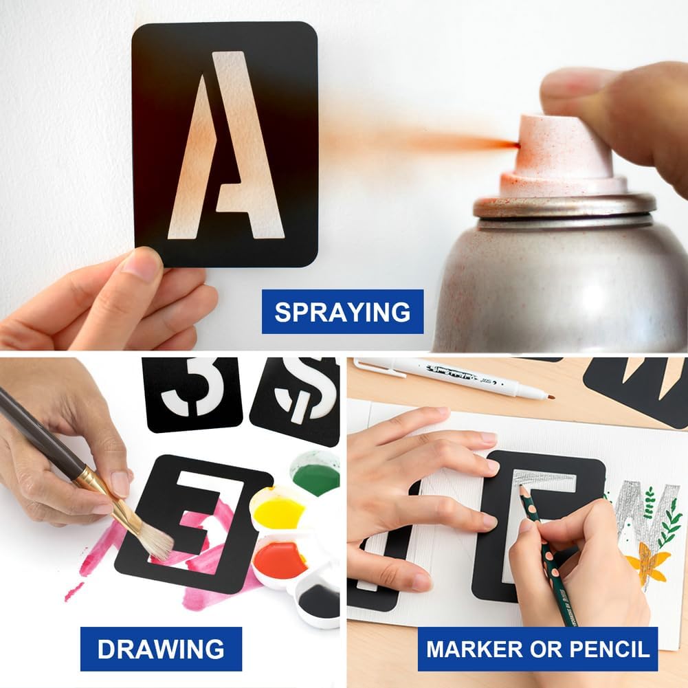 42 Pcs 3 Inch Alphabet Letter Stencils Symbol Numbers Stencils, Reusable Plastic Letter Template Set for Drawing on Wood, Wall, Glass, Porch, Fabric, Rock, Sign and Craft Decoration (Black)