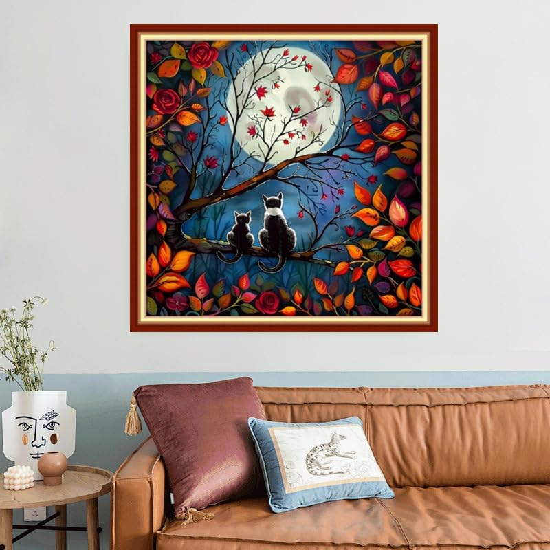 Joyhoor Stamped Cross Stitch Kits for Beginners, Needlepoint Kits for Adults, 11CT Counted Embroidery Kits-Cats Admiring The Moon 18x18 inchs