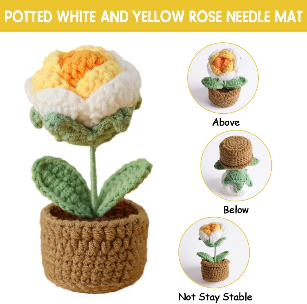 Rose Pin Cushion, Handmade Knitted Pincushions, Cute Pin Cushions Needle Holders for Sewing Quilting Accessory, DIY Crafts or Patchwork Decor.Potted White Yellow Rose