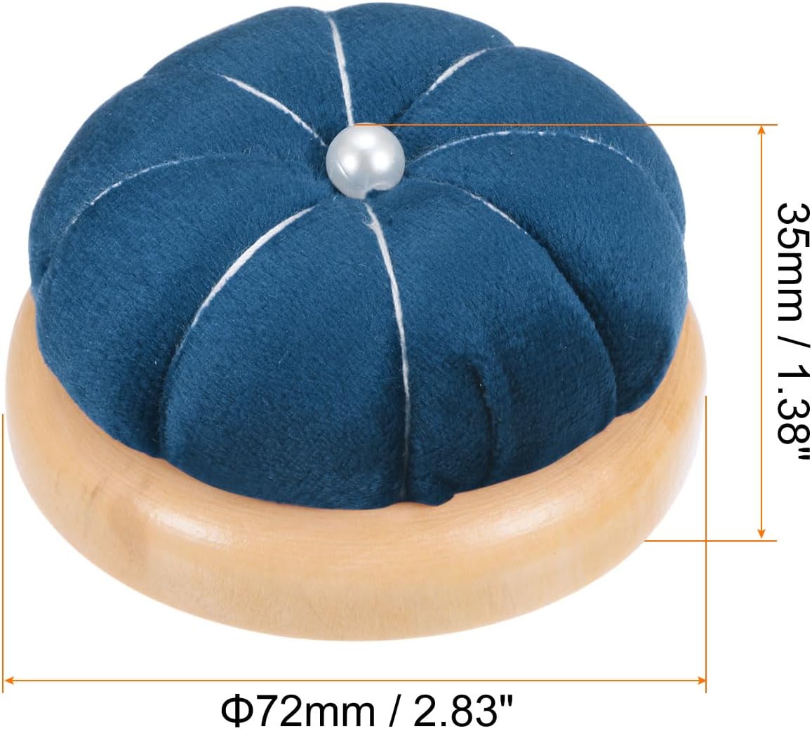 HARFINGTON Wooden Base Pin Cushion Japanese Style Cute Needle Holder Pincushions Round for Sewing Quilting Needlework DIY Crafts, Dark Blue