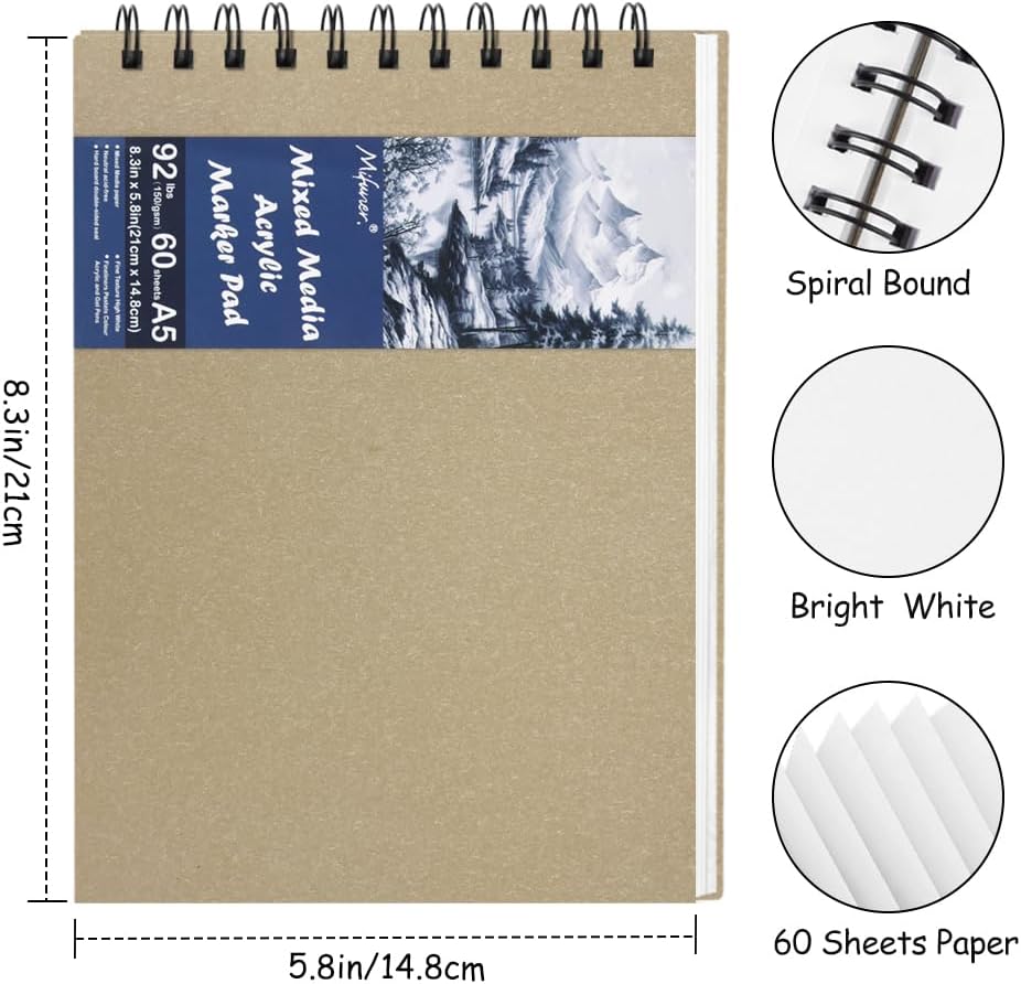 8.3x5.8 Sketch Book, Top Spiral Bound Sketch Pad, 60sheets 92lb/150gsm Bright White Paper, Acid-Free Mixed Media Paper for Painting, Dawing & Art Supplies. B-Beige
