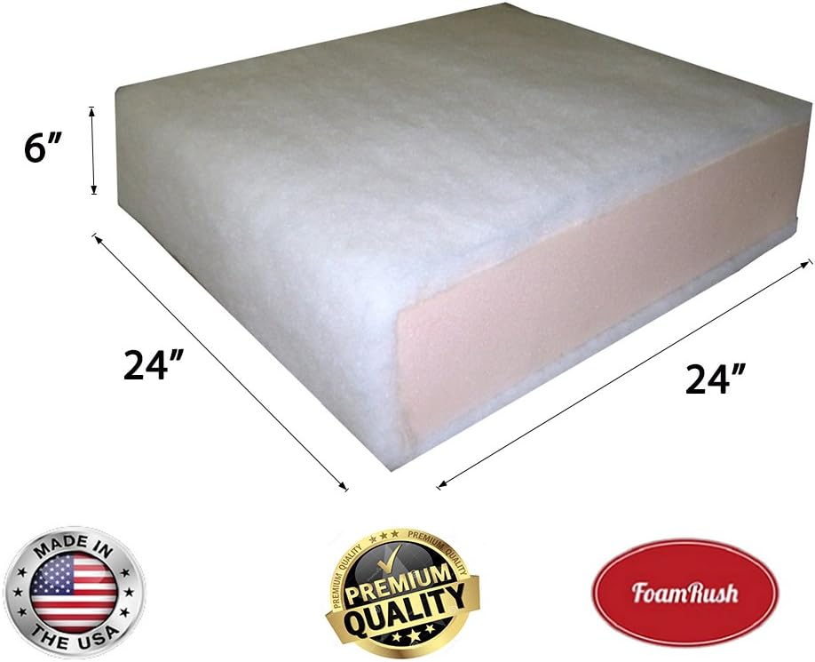 FoamRush 6" x 24" x 24" Seat Cushion Foam with Batting/Dacron (Cushion Seat Replacement) Made in USA