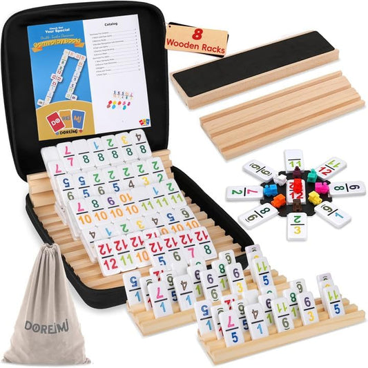 Mexican Train Dominoes Set Numbers and 8 Wooden Holders, Double 12 Travel Domino Train Game with 91 Colored Tiles and Protable Case, Number Domino Set for Kids, Adults Family Board Team Games