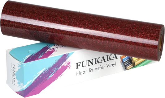 FUNKAKA Glitter Red HTV Heat Transfer Vinyl Rolls, 12" x 25ft PU Iron on Vinyl for T-Shirt Red Glitter HTV Vinyl for All Cutter Machines Easy to Cut & Weed for Heat Vinyl Design