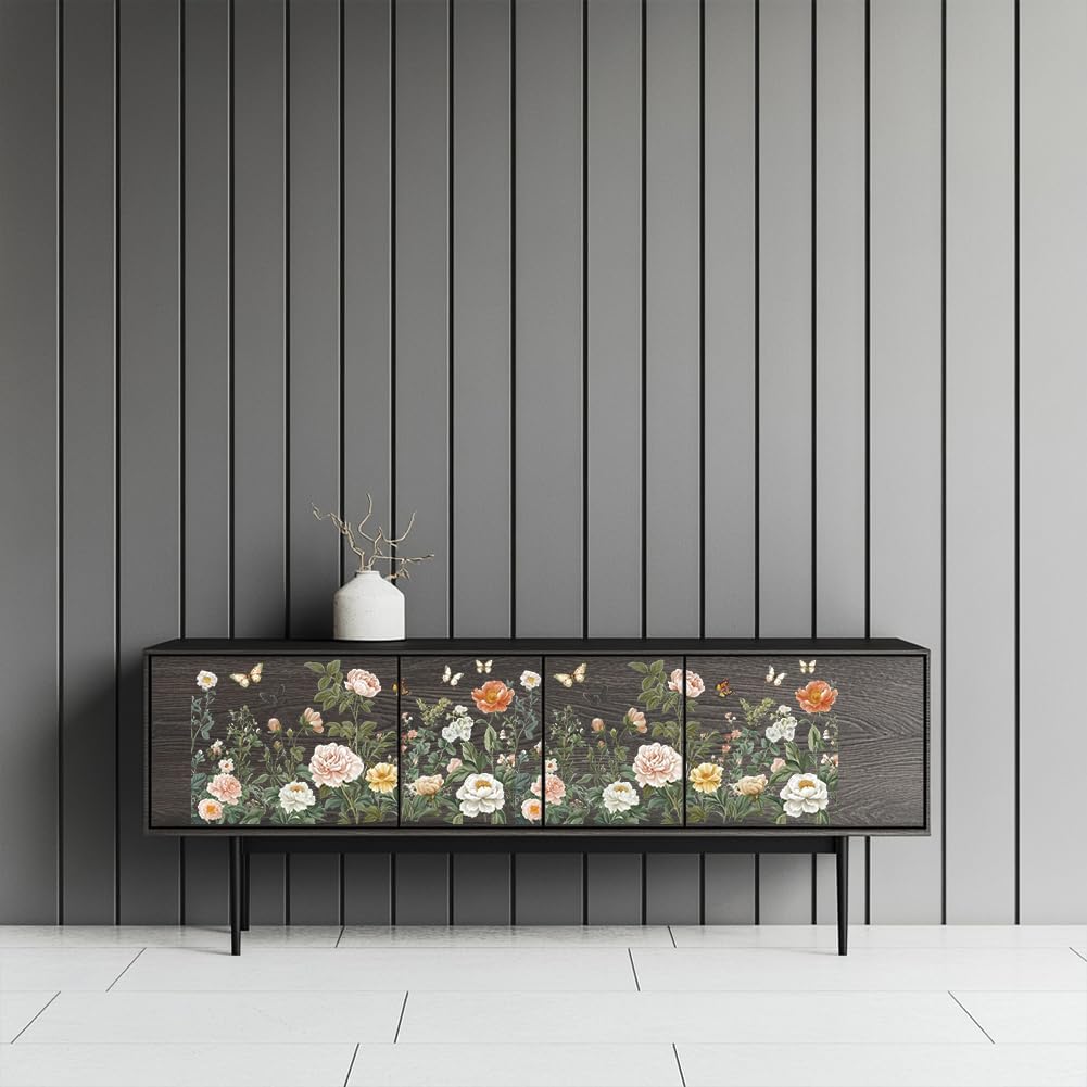 GLOBLELAND 4 Sheets Light Vintage Florals Furniture Transfer 11.8x5.9inch Butterflies Peonies Rub on Transfer Wildflowers UV Self-Adhesive Stickers Wall Art Craft for Bedroom Living Room Desk Table