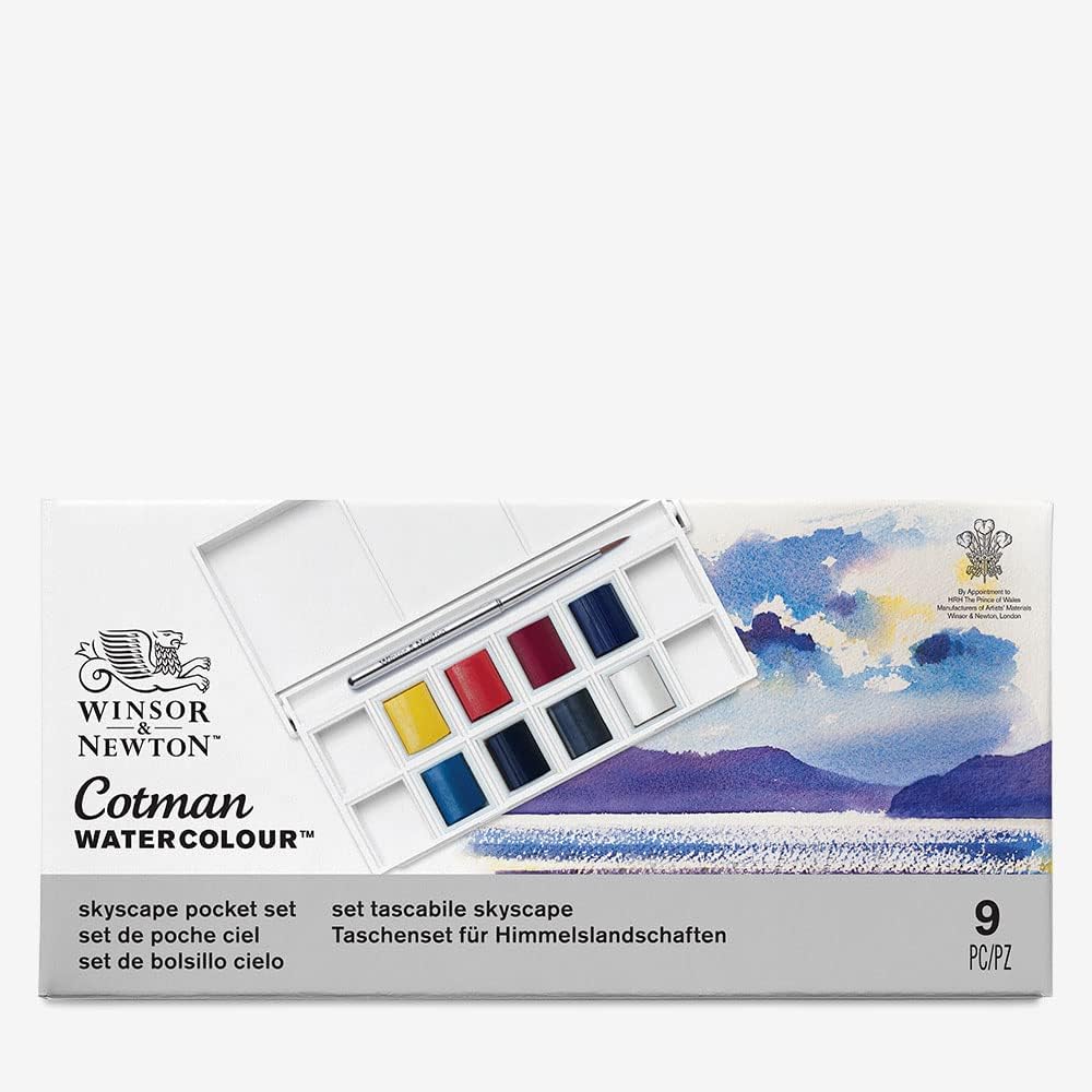 Winsor & Newton Cotman Watercolor Paint Set, 8 Half Pan, Sky Colors w/ Brush