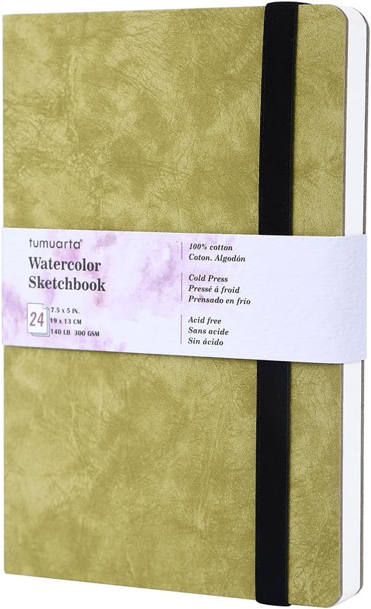 tumuarta Watercolor Sketchbook, 7.5x5, 140 LB, 300GSM, 100% Cotton Paper, Cold Press, 24 Sheets,48 Pages, Watercolor Journal for Use As Travel Sketch Book and Mixed Media Pad On The Go