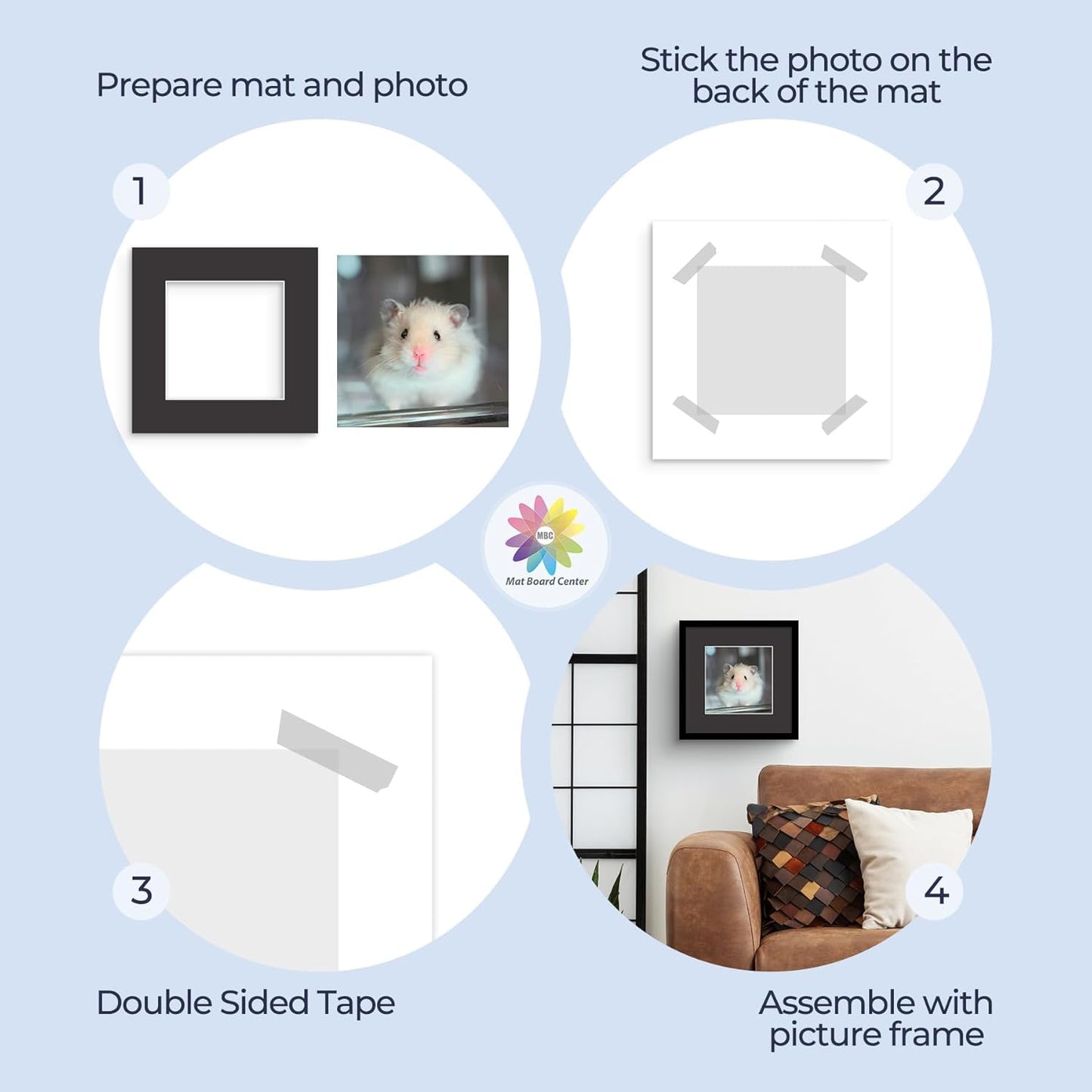 Mat Board Center, Pack of 25, 12x12 for 8x8 Black Mats - Acid Free, 4-ply Thickness, White Core - for Pictures, Photos, Framing