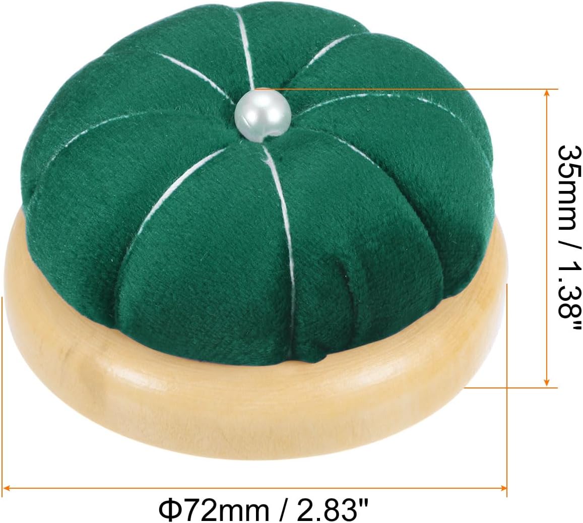 HARFINGTON Wooden Base Pin Cushion Japanese Style Cute Needle Holder Pincushions Round for Sewing Quilting Needlework DIY Crafts, Dark Green