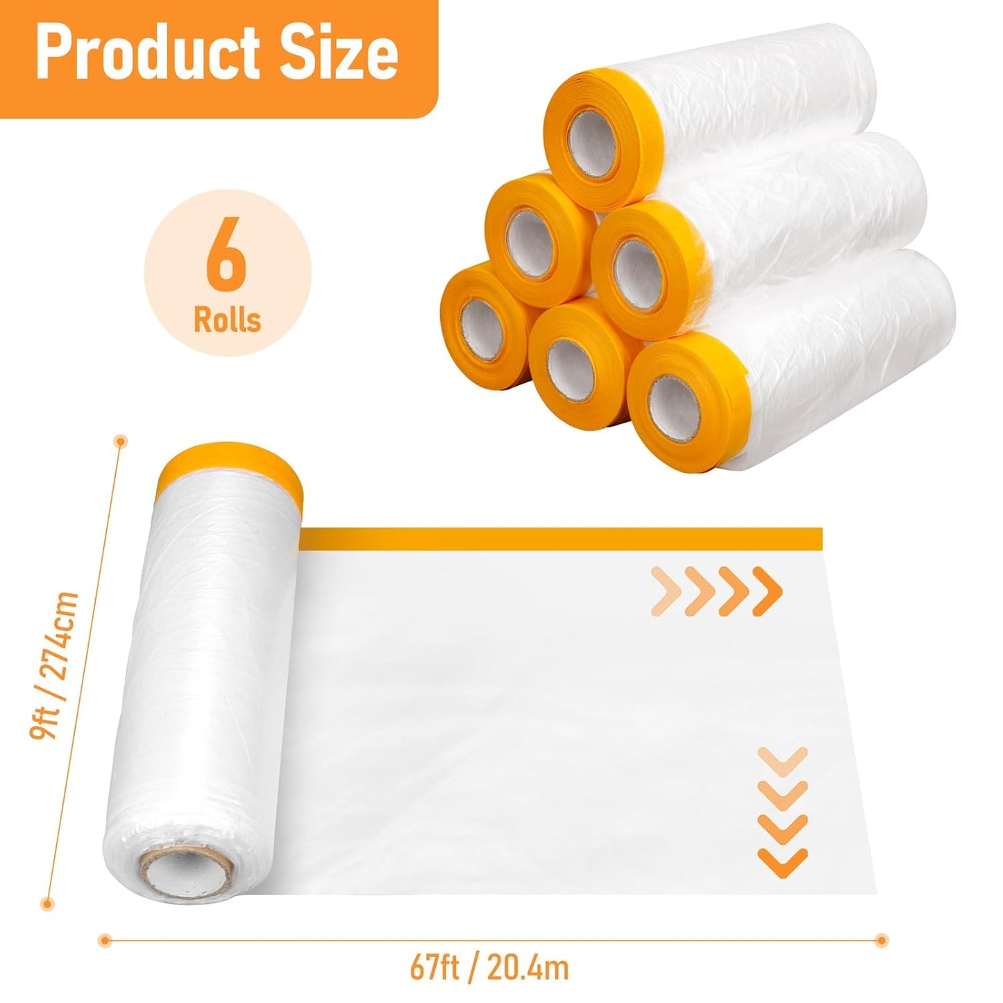 uyoyous 6 Rolls 9x67 ft Painters Plastic with Tape, Pre-Taped Masking Film, Tape and Drape, Paint Adhesive Protective Film Roll for Automotive Painting Covering, Cars, Auto Body, DIY Projects