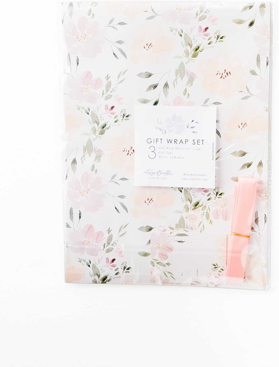 Itsy Belle Studio Floral Wedding Wrapping Paper sheets + Ribbon Set with Tags - White Gift Wrap, Pink Floral, Boho Bridal Shower