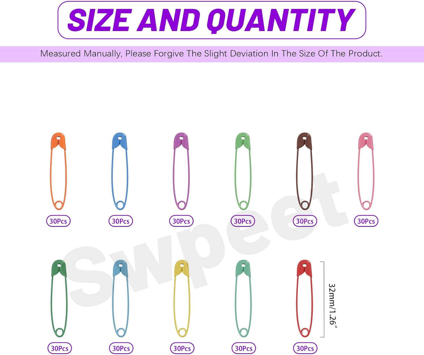 Swpeet 440Pcs 32mm/ 1.26 Inch Colorful Safety Pins Assortment Kit, Rust Resistant Steel Small Safety Pin Kit with Clear Case, Mini Safety Pins for Sewing, Clothes, Craft Arts