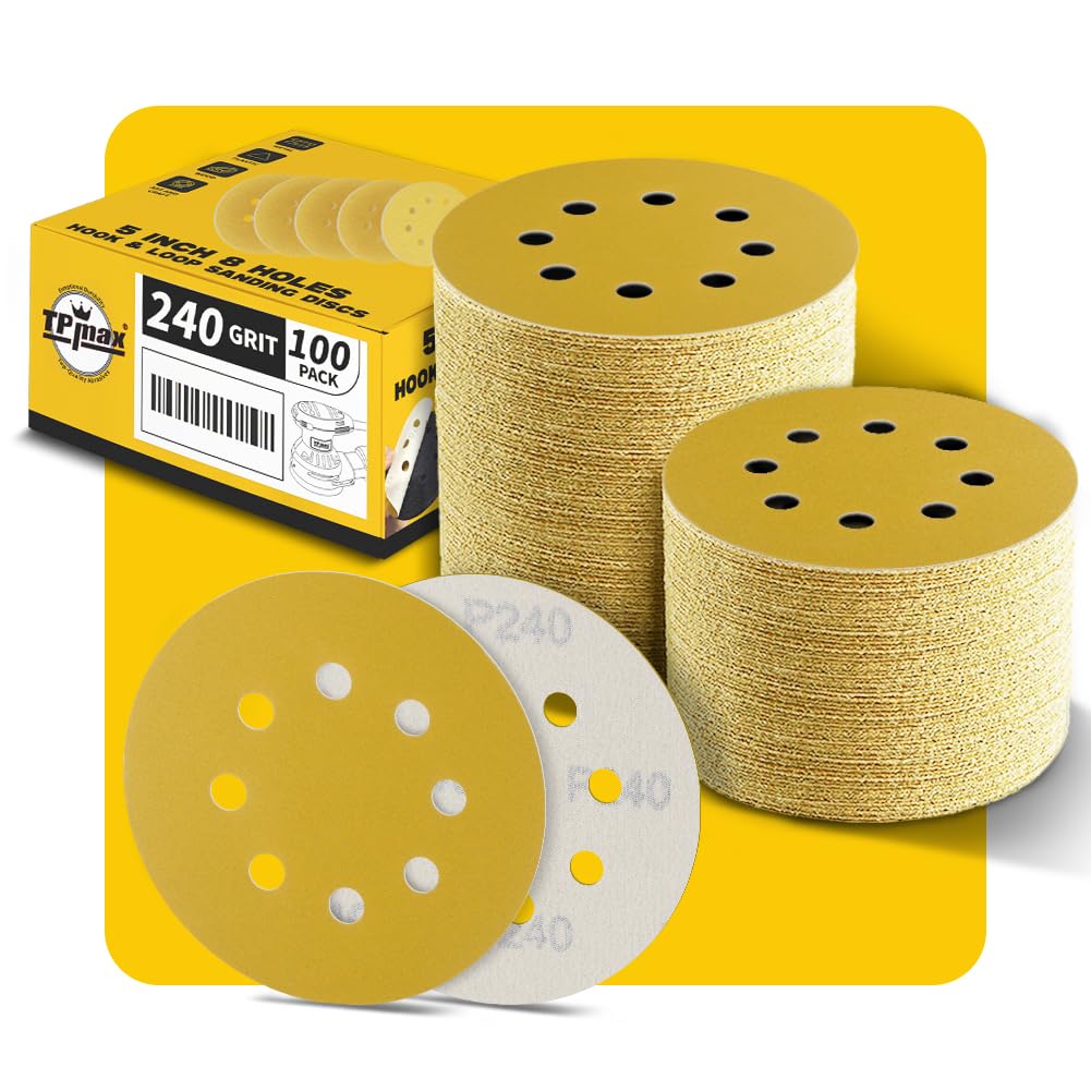 100PCS 5 Inch 240 Grit 125mm 8 Hole Sanding Discs Sandpaper - Premium Gold Round Hook and Loop for Random Orbital Sander - Ideal for Wood, Metal, Automotive
