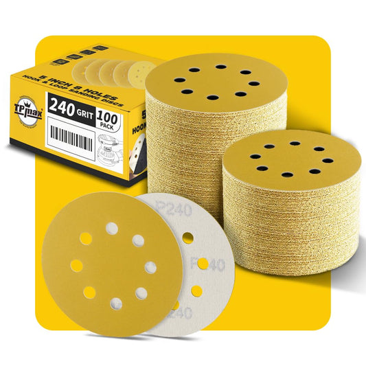 100PCS 5 Inch 240 Grit 125mm 8 Hole Sanding Discs Sandpaper - Premium Gold Round Hook and Loop for Random Orbital Sander - Ideal for Wood, Metal, Automotive