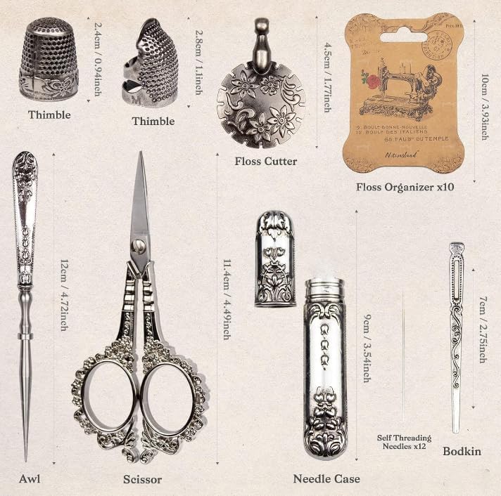 Vintage Embroidery Scissors Kit, Victorian Needlework Gift Set with Antique Shear, Thread Cutter, Thimbles, Needles, Awl, Bodkin, Winding Board for Sewing, Knitting, Cross Stitch, Quilting