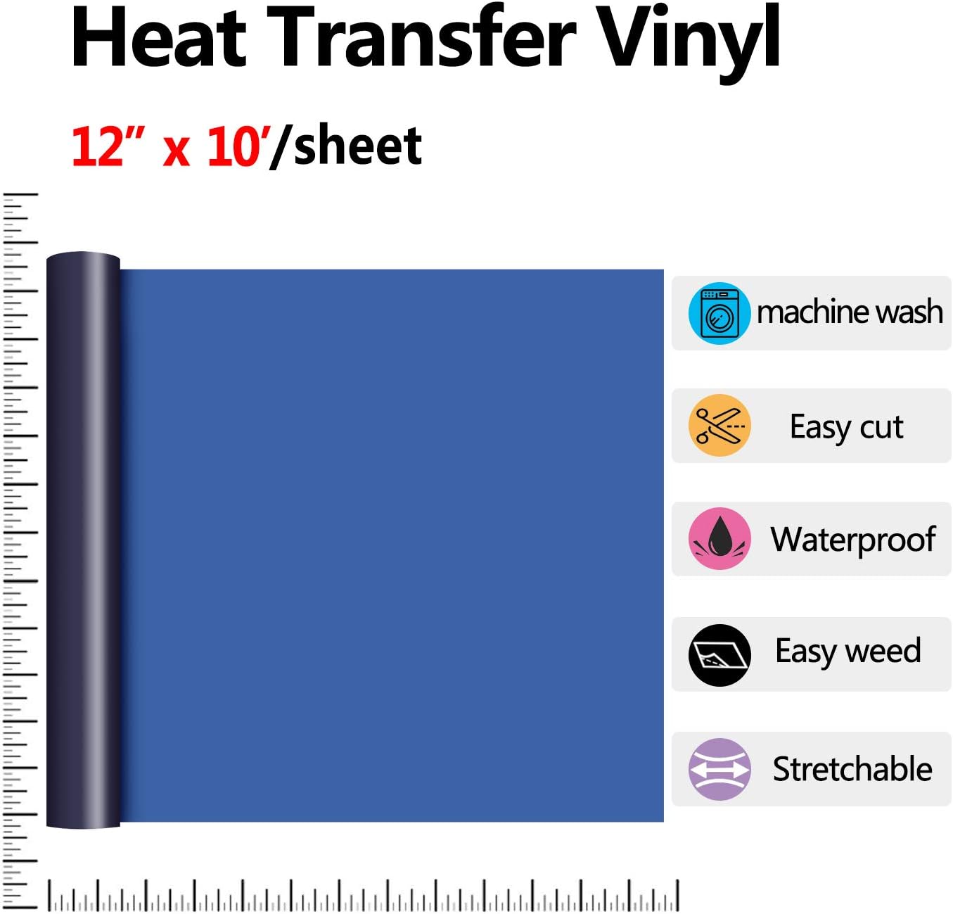 RENLITONG Navy Blue HTV Iron on Vinyl 12Inch by 10ft Roll Heat Transfer Vinyl for T-Shirt HTV Rolls for All Cutter Machine - Easy to Cut & Weed for Heat Transfer Design