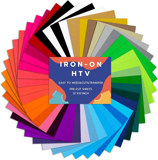Heat Transfer Vinyl Bundle 42 Pack 12" x 10" Sheets Iron on Vinyl 32 Assorted Colors for Shirts DIY Design for All Cutter and Heat Press Machine