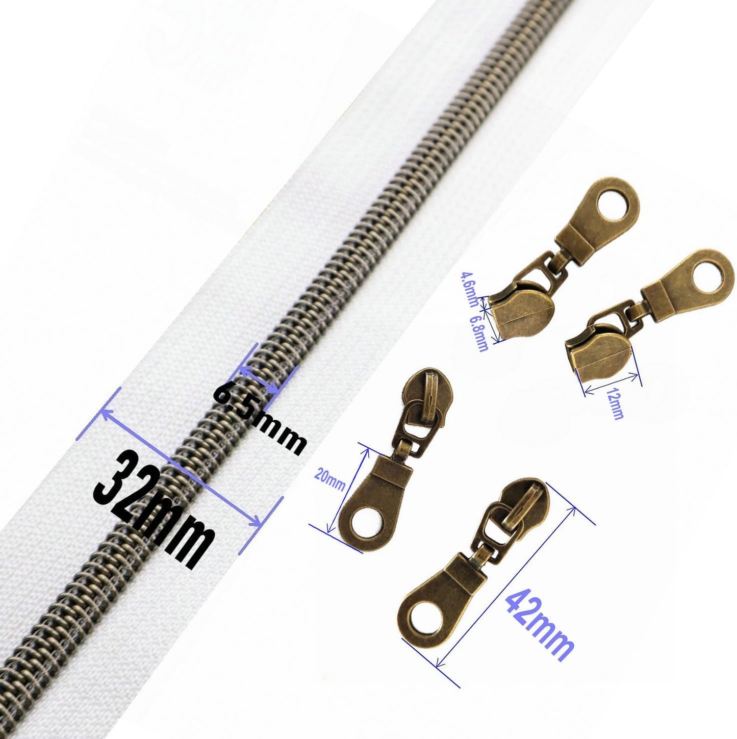 Leekayer #5 Antique Brass Metallic Nylon Coil Zippers by The Yard Bulk 10 Yards White Tape with 25pcs Antique Brass Sliders for DIY Sewing Tailor Craft Bag(White)