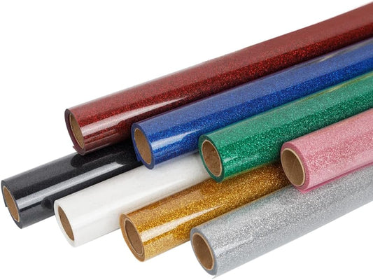 FUNKAKA Glitter Heat Transfer HTV Vinyl Bundle, 8 Rolls 12" x 5ft Iron On Vinyl for T-Shirt 8 Assorted Colors Glitter HTV Vinyl for All Cutter Machines Easy to Cut