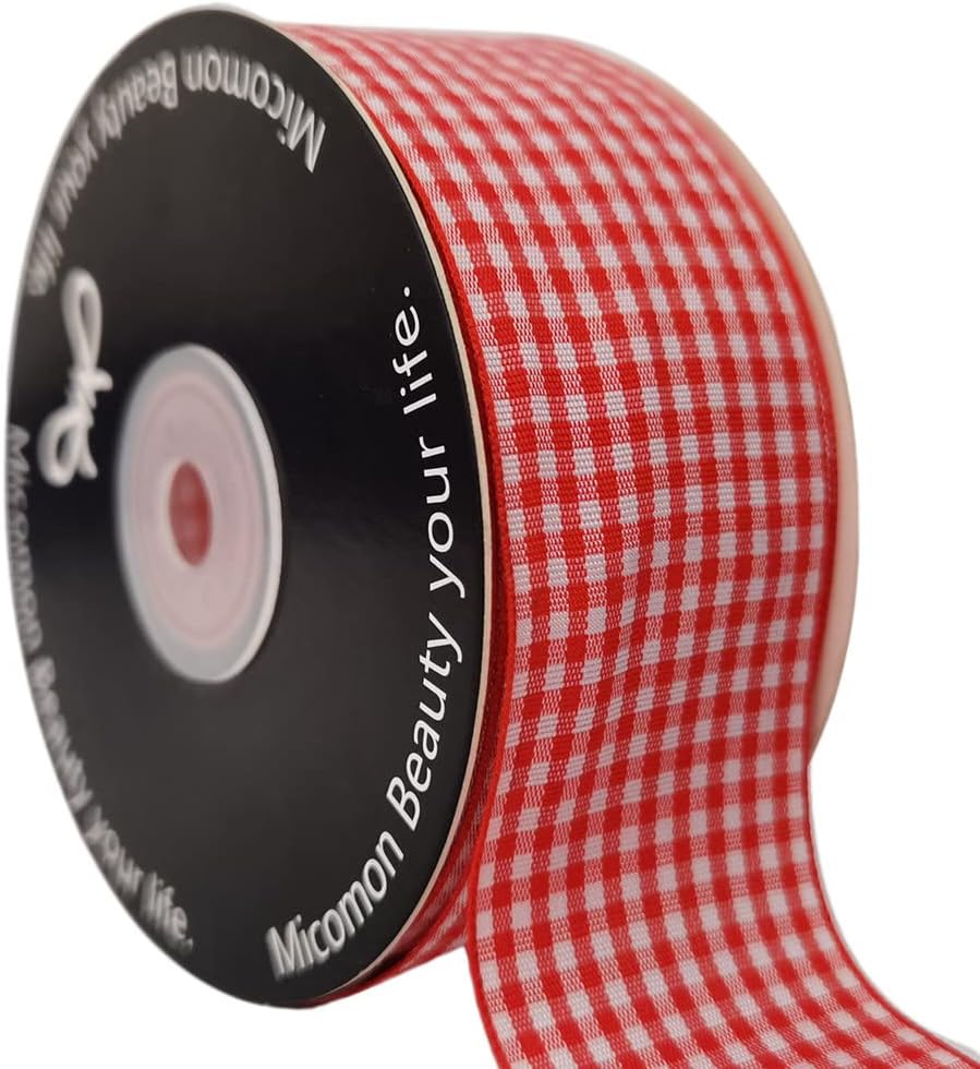 1.5 Inch Red and White Woven Edge 100% Polyester Gingham Ribbon 25 Yards Each Roll (1-1/2", Red)