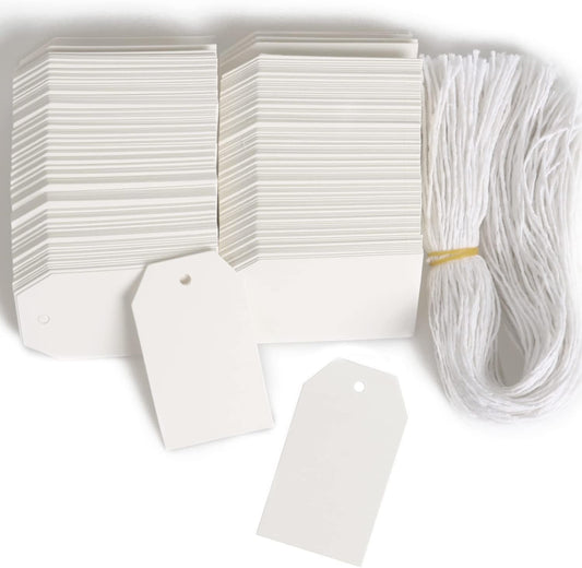 200 PCS Paper Gift Tags with Free 200 PCS Cotton Strings, Blank Hangtags for DIY Wedding Holiday Present(White)