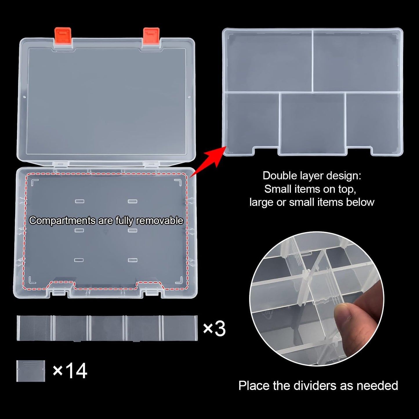 DUOFIRE Two Layers Compartment Organizer Box Plastic Organizer Box Plastic Jewelry Organizer Box Craft Storage Containers Storage Box for Accessories, Cosmetic, Toy, Jewelry Beads, Tapes (5+18 Grids)