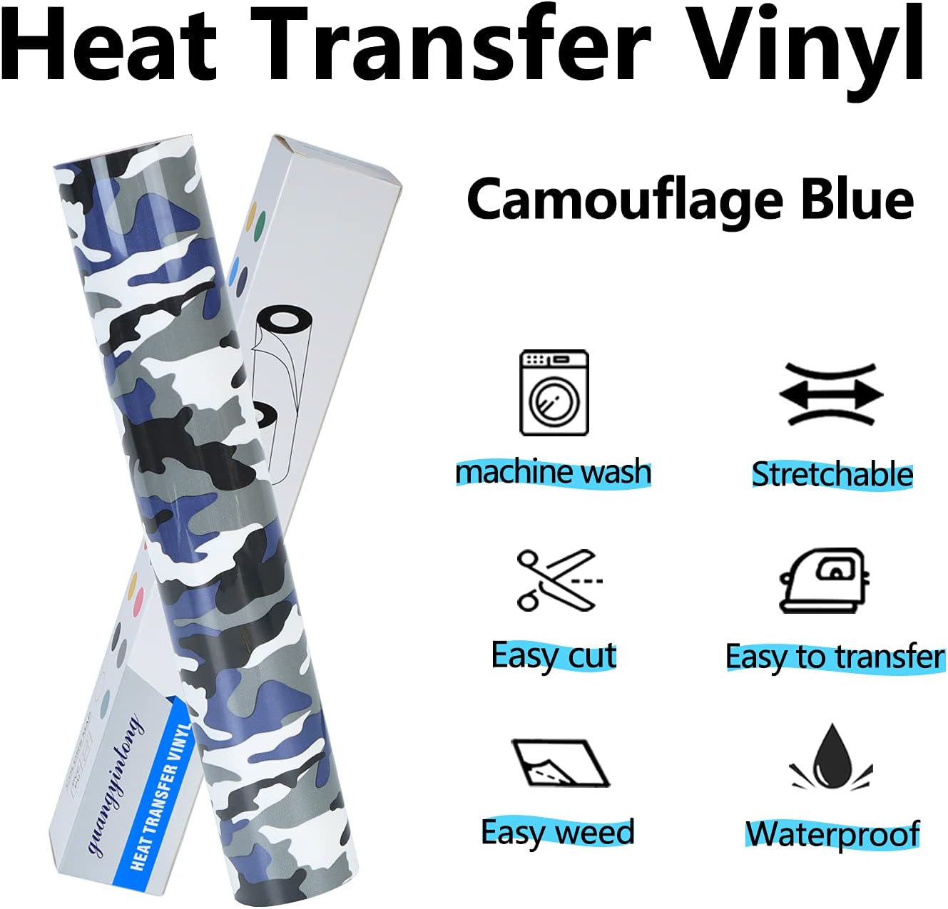 Guangyintong Camouflage Blue Heat Transfer Vinyl Rolls, 12" x 8ft Soft PU Iron on Vinyl Bundle - Stretchy, Easy to Cut & Weed for T-Shirts, All Cutter Machine, HTV Design